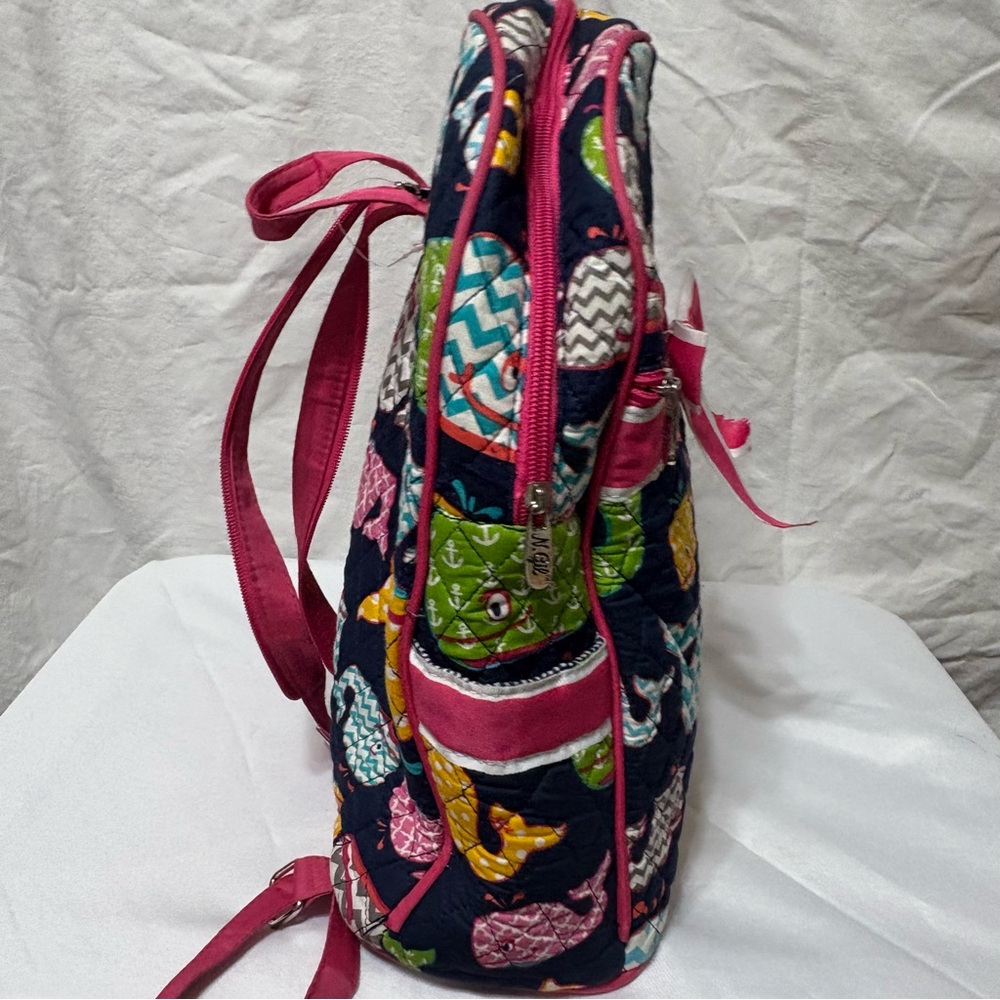 N.Gil Narwhal World quilted canvas backpack/diaper bag with whales and pink trim - Picture 3 of 13
